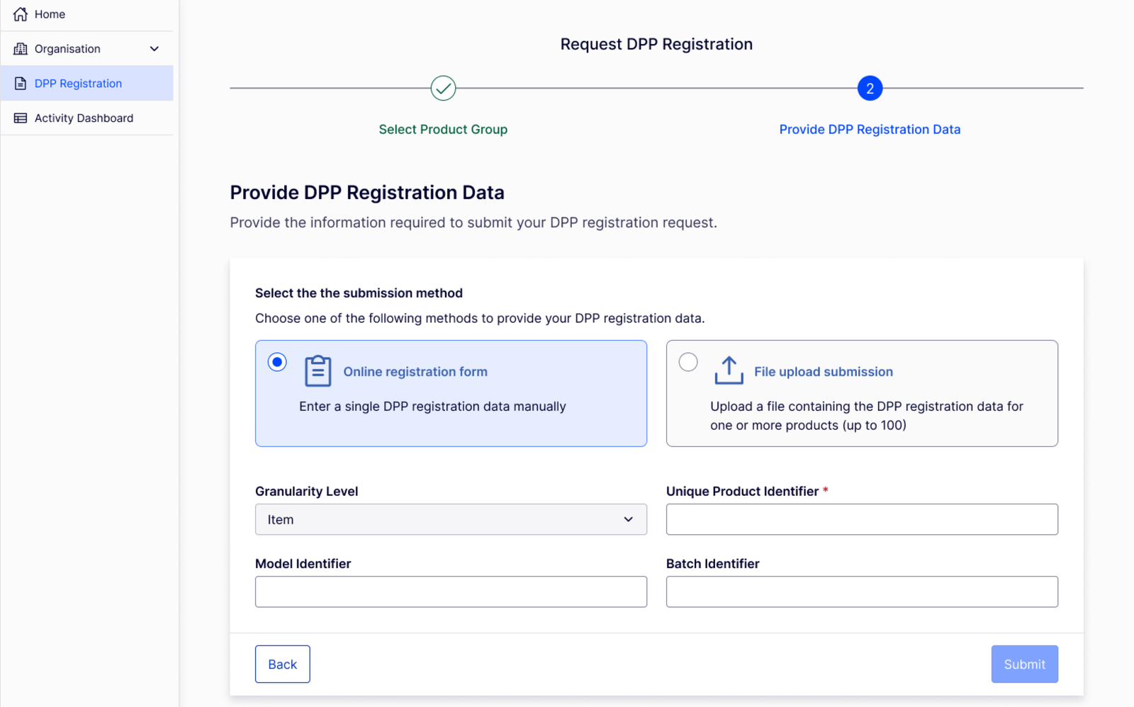The Registry's DPP registration screen: choose an online form or a file upload of up to 100 products, then provide granularity, unique product identifier, model and batch identifiers